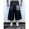 Mäns shorts Hip Hop Pockets Brodery Letter Print Jeans For Men Summer Retro Overdimate Wide Leg Denim Kne Lenght Pants 230729