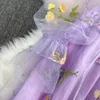 Lässige Kleider Frauen elegantes Mesh Spitze bestickte Blume Multicolor A-Line-Kleid Lange Puffärmel-Rüschen Harajuku Sommer Vestidos