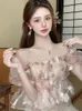 Kadın bluzları tatlı çiçek kapalı omuz gençlik zarif kadın tasarımcı prenses güzel sevimli kıyafetler mahsul üst 2023