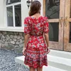 Partykleider Tiefer V-Ausschnitt Schmetterlingsärmel Schlankes Damen Boho-Druck-Sommer-Minikleid Hohe Taille Lässiger Strandstil Lady Vestidos