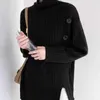 Kvinnors tröjor Autumn Winter Turtleneck Sweater Women Korean Chic Button Solid Knit Jumper 2023 Fashion Split Ribbed Pullover