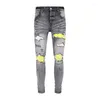 Men's Jeans Arrival Grey Washed Mud Color Hole Made Old Yellow Leather Patchwork Slim Fit Ripped High Street Denim Pants