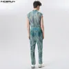 Men s Pants 2023 Men Jumpsuits Mesh Tie Dye Zipper Sleeveless Sexy Rompers Transparent Streetwear Fashion Overalls With Belt INCERUN S 5XL 7 230729