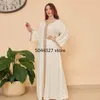 Ethnic Clothing Autumn Muslim Women Long Sleeve V-neck Green White Abaya Dress195O