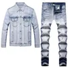 Business Casual Men's Jeans Sets Simple Stretch Two-piece Denim Suit Slim Fit Long Sleeve Jacket and Pants Spring Autumn LIght Blue Daily Wear