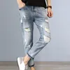 Męskie dżinsy mężczyźni oddychające spodnie stylowy kolor gradientu z żebrowanymi otworami Slim Fit Multi Pockets Trwałe dla długotrwałych