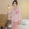 Vêtements de nuit pour femmes Ensembles de pyjamas léopard pour femmes 2PCS Chemise à manches évasées Pyjamas Costume Sexy Col rabattu Vêtements de nuit Automne Coton Homewear