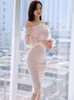 Casual Dresses Summer Elegant Women Evening Dress Chic Pink Sweet Sheer Sexy Off-Shoulder Slim Midi Pencil Party Prom Robe Femme Mujer