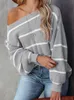 Vrouwen Truien Vintage Gebreide Trui Vrouwen Sexy Off Shoulder Trui Herfst Winter Casual Lange Mouwen Truien Gestreepte Slanke Jersey 230729