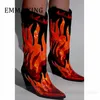 Сапоги Women Metallic кожаные западные ковбойские сапоги коренастые каблуки Flame Botas Ladies Splow на средних сапогах для голени Knight Women Shoes 230729