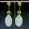 Boucles d'oreilles pendantes Jade blanc naturel évider S925 argent Sterling vert néphrite Hetian Jades doré goutte boucle d'oreille femmes bijoux