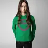 23ss Diseñador Tide Zadig Voltaire Algodón puro Jacquard Cara sonriente Letra colgante Lana verde 100% suéter de lana Suéter para mujer Tops de moda clásicos de gran tamaño