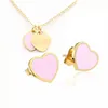 Vintage enamel PINK Green Double Heart Charms Necklace and Earring Jewelry set Pendant Women Men chain Stainless Jewellry sets297F