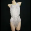 Stage Wear Sparkly Rhinestones White Tassel Bodysuit Women Sexy Club Outfit Fringe Dance Costume One-piece Show Singer Leotard287Q