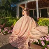Pink Shiny Quinceanera Dresses Ball Gowns For Sweet 16 Girls Beads Appliques 3DFlower Graduation Gown Lace Up Vestidos De 15 Anos