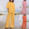 Kvinnors tvåbitar byxor damer Sommar Autumn Casual Pant Suit Tunic midja med fickan Set Half Sleeve O Neck Top och Wide Ben Benbile Set