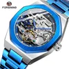 Montres-bracelets mode hommes montres Transparent rétro hommes automatique mécanique montre haut doré lumineux mains squelette horloge