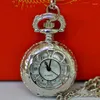 Pocket Watches Vintage Small Quartz Watch for Men Women Bronze Flower Case Fob Chain Pendant Necklace Roman Clock Collection Gift