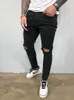 Mens Jeans Summer Males Soft Mid Waist Blue Black Full Length Spandex Knees Ripped Jeans Pant 230729