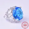 Cluster Rings HOYON 925 Silver Color Sapphire Ring Blue Diamond For Women Topaz Gemstone Jewelry Pulseras De Plata Mujer