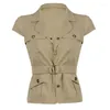 Damesjassen Korobov Japan Style Khaki Work Gear Coat Short Sleeve Single-breasted Belt Pocket Vest Suit Collar Jacket Fashion Veste