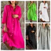 Casual Dresses Solid Button Autumn Shirt Dress Loose 3/4 Sleeve Pocket Holiday Plus Size Beach Cotton Linen Korean Midi Basic