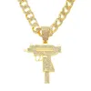 Hip Hop Hommes Rappeur diamant brillant pendentif collier en or pistolet pistolet pendentif micro-insert zircon bijoux boîte de nuit accessoire Chandail Clavicule Chaîne Cubaine 50cm 1594
