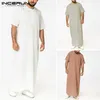 Saudi Style Zipper Jubba Thobe INCERUN Men Solid Color Robes Man Vintage Short Sleeve O Neck Muslim Arabic Islamic Clothes S-5XL228b