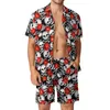 Fatos de treino masculinos Conjuntos masculinos com estampa de caveira de açúcar Flores vermelhas Shorts casuais Conjunto de camisa de praia Conjunto de verão havaiano Design manga curta Oversized