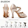 Dance Shoes DILEECHI Latin dance shoes Women Light Gold Flash Glitter Cuba High Heel 9cm Salsa Party Performance Ballroom dancing shoes Net 230729