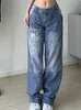 Женские джинсы 2023 Печатные грузы y2k темно -синий коричневый высокая талия.