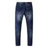 Jeans pour hommes Street Fashion Hommes Rétro Bleu Foncé Stretch Skinny Fit Bouton Déchiré En Cuir Patché Designer Hip Hop Marque Pantalon