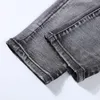 Men's Jeans Arrival Grey Washed Mud Color Hole Made Old Yellow Leather Patchwork Slim Fit Ripped High Street Denim Pants