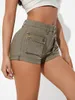 Shorts feminino com aba bolso rolo bainha cargo jeans short jeans feminino cintura alta