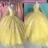 2023 Yellow Lace Flowers Quinceanera Dresses With Cap Tulle Pearls Spaghetti Strapless Lace-up Ball Gowns Formal Dress Sweet 15 162565