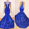Royal Blue Mermaid Prom Dresses Fiori di rosa Lungo cappella treno Sheer Neck Applique Beads 2K18 African Pageant Party Dress Evening 262I