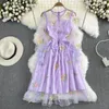 Lässige Kleider Frauen elegantes Mesh Spitze bestickte Blume Multicolor A-Line-Kleid Lange Puffärmel-Rüschen Harajuku Sommer Vestidos