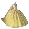 2023 Yellow Lace Flowers Quinceanera Dresses With Cap Tulle Pearls Spaghetti Strapless Lace-up Ball Gowns Formal Dress Sweet 15 162565