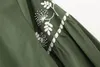 Vestidos Casuais 2023 BOHO Verde Exército Miçangas Bordado Flor Manga Puff Feminina Camisa Vestido Étnico Laço Borla Gola Solta Roupão de Férias