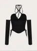 T-shirt da donna Donna Tinta unita Coulisse Laterale Halter Top Crop Slim Tee Manica lunga Lace Up Top Strecth Basic Casual Nero Sexy High Street