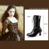 Stövlar kvinnor viktoriansk modern punkstil rund tå snör upp låg med konstig häl mode mid kalv västerländska stövlar skor kvinna 230729