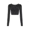 Women's Blouses Fashion Bead Stud Shiny Long Sleeve T-shirt Sexy Short Top High Street Party Nightclub