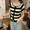 Women's T Shirts Summer Shirt Korean Women Elegant Square Neck Slim Knit Tops 2023 Casual Sweet College Style Striped tröja Cardigan P925