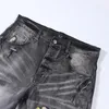 Men's Jeans Arrival Grey Washed Mud Color Hole Made Old Yellow Leather Patchwork Slim Fit Ripped High Street Denim Pants