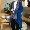 Herrgravrockar #4262 Svartblå röd asymmetrisk kappa Lossa kimono cardigan lång vintage kinesisk stil bomullslinne överrock överrock