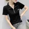 薄いウエスタンスタイルのトップファッションスタンドカラージッパーストライプ半袖Tシャツを販売する女性用Tシャツ