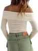 Damenpullover Damen Gemütliches, schulterfreies Crop-Top mit U-Boot-Ausschnitt und langen Ärmeln für Frühling und Herbst – schmal geschnittenes, lässiges, solides T-Shirt