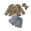 Conjuntos de roupas para bebês meninas 3 peças roupas com estampa de leopardo babados guarnição dividida camisa tops shorts jeans bandana