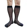 Men's Socks See Through Mens Rhombus Striped Knee High Long Tube Black Formal Dress Suit Sexy Stocking