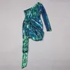 Casual Dresses Women Green Pink Gold One Shoulder Sequin Pleated Long Sleeves Party Dress Summer Mini